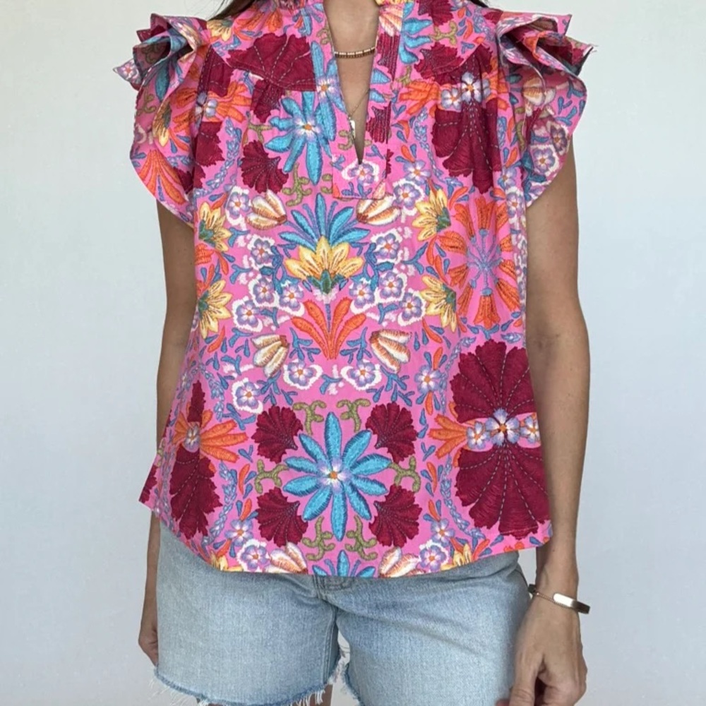 Olivaceous Pink and Red Ruffled Blouse